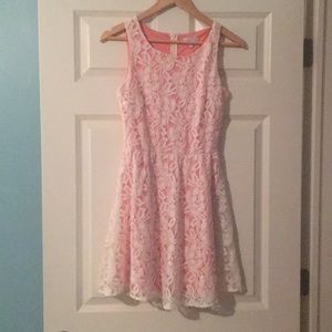 White and tan floral dress.
